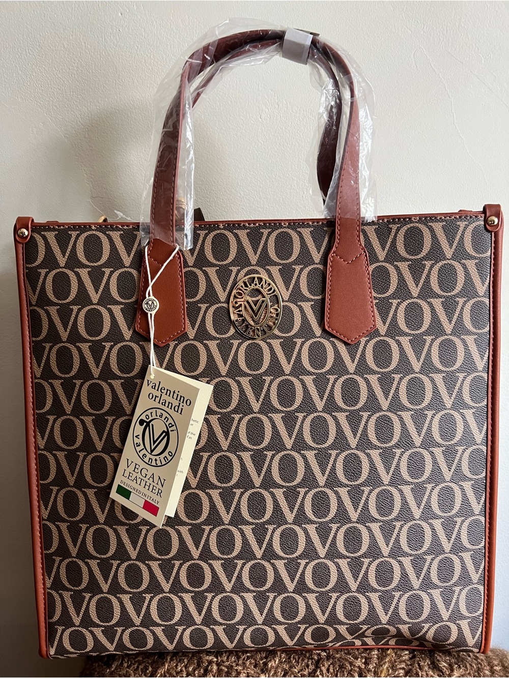 Valentino Orlandi Brown Monogram Tote with Tan Trim and Gold Medallion